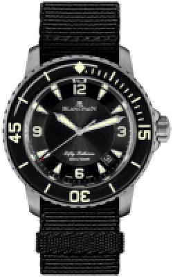 Blancpain Fifty Fathoms Automatique 5015-12B30-NABA: 45mm Titan, schwarzes Sunburst-Zifferblatt, Kaliber 1315 mit 120h Gangreserve. Neu bei Watchdeal.