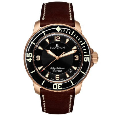 Blancpain Fifty Fathoms Automatique 5015A-3630-63B: 45mm Red Gold, black dial, Cal. 1315 with 120h power reserve. Brand new at Watchdeal.