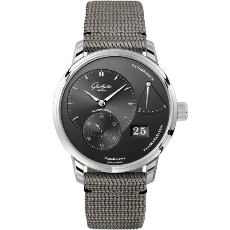 Glashütte Original PanoReserve 1-65-01-23-12-66 with galvanised ruthenium dial and grey synthetik strap