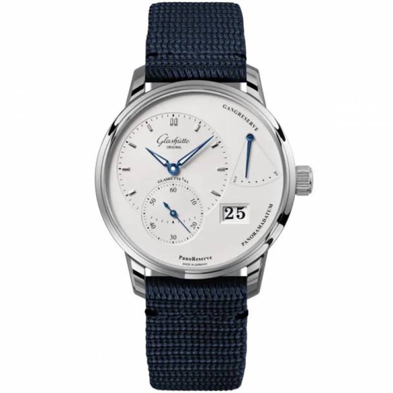 Glashütte Original PanoReserve 1-65-01-22-12-64 mit galvanisiertem silbernem Ziffernblatt und synthetik Armband