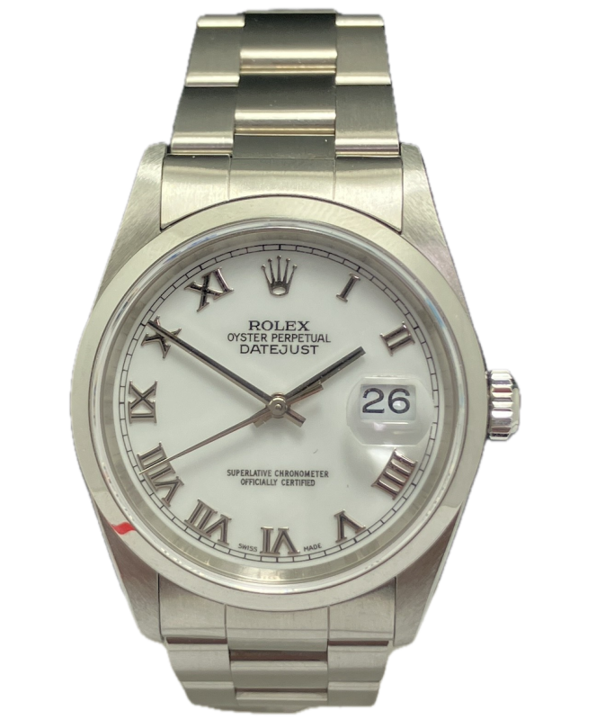 Rolex Datejust 16200 NOS 36mm Stahl weisses Zifferblatt roemische Ziffern A-Serie 1998