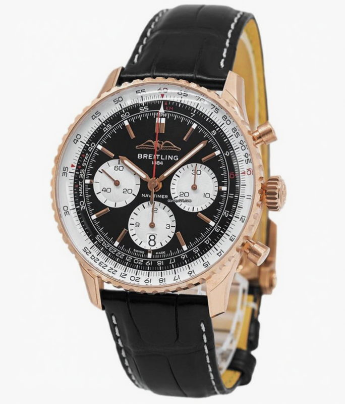 Entdecken Sie die legendäre Breitling Navitimer B01 Chronograph 43 RB0138211B1P1 in elegantem 18kt Rotgold mit schwarzem Zifferblatt und klassischem Alligatorlederband. Ausgestattet mit dem hochpräzisen COSC-zertifizierten Manufakturkaliber 01 und einem k