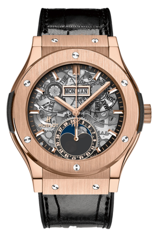 Watchdeal Hublot Classic Fusion Aerofusion Moonphase King Gold 547.OX.0180.LR: 42mm King Gold, offenes Werk, goldener Mond. Bei Watchdeal.