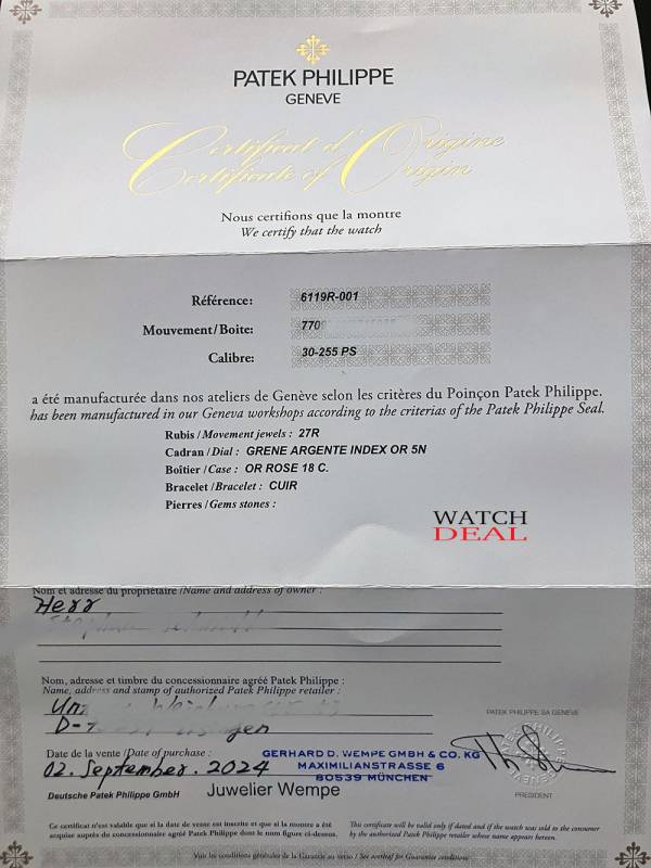Patek Philippe Calatrava RG 6119R, Tresoruhr Full Set, Wempe