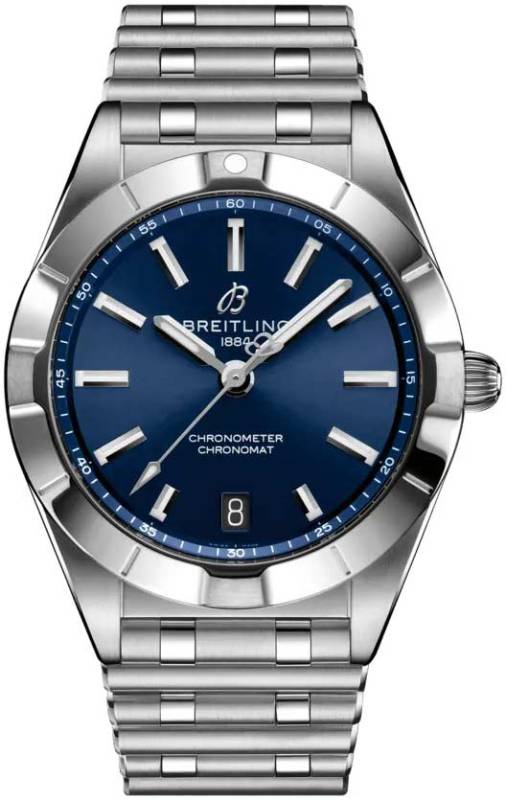Discover the Chronomat 32 A77310101C1A1 at Watchdeal.de: Iconic rider-tab bezel, blue sunburst dial, SuperQuartz™