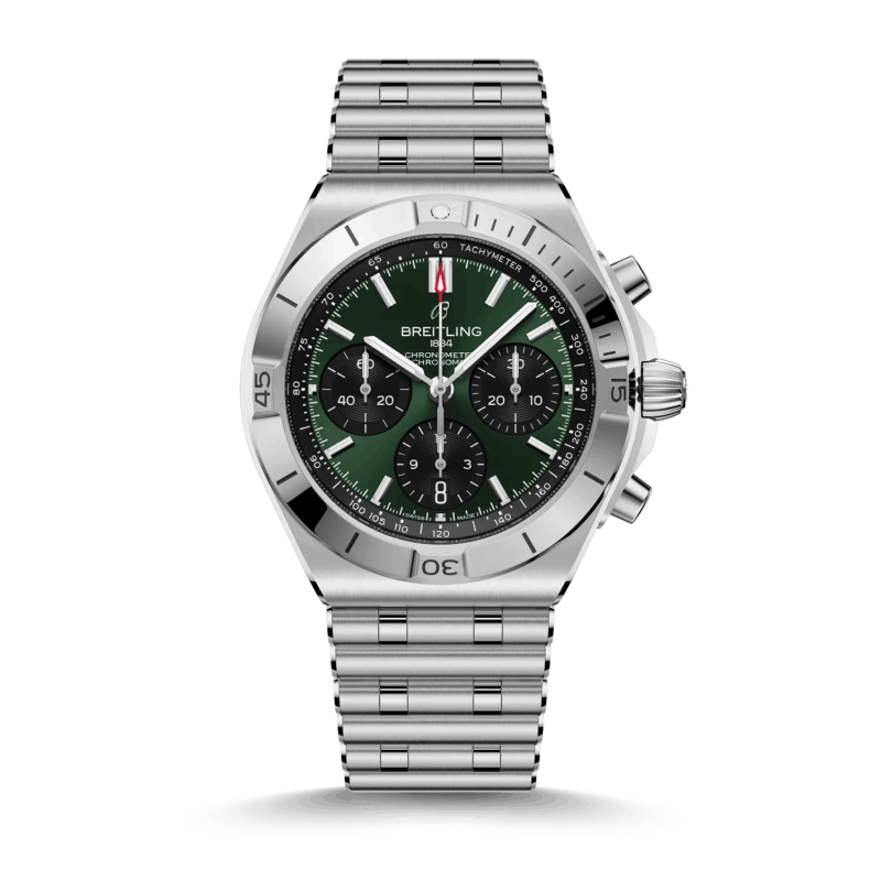 Breitling Chronomat B01 Chronograph 42 AB0158101L1A1 grün schwarzes Zifferblatt Sichtboden Edelstahlarmband neu