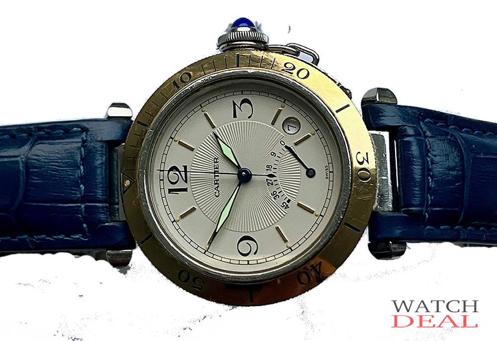 Cartier Pasha W31012H3 38mm Power Reserve Stahl 18 Karat Gold blaues Krokodilleder