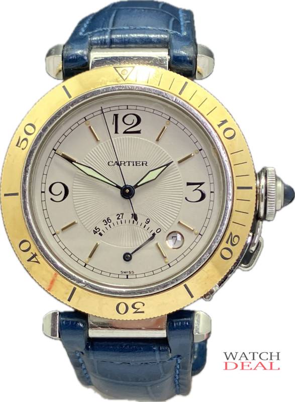 Cartier Pasha W31012H3 38mm Power Reserve Stahl 18 Karat Gold blaues Krokodilleder