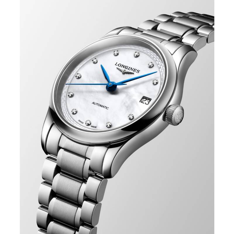 Watchdeal® - Buy new Longines L2.450.4.87.6 Master Collection 34mm – white mother-of-pearl dial with diamonds, stainless steel bracelet, 72h reserve.